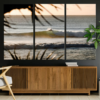 24896468-MGV-CV-36X24-Sunset Surf Wall Art Canvas Print, Framed Golden Waves Art Picture Print, Tropical Ocean Perfect Tropical Boho Decor Artwork