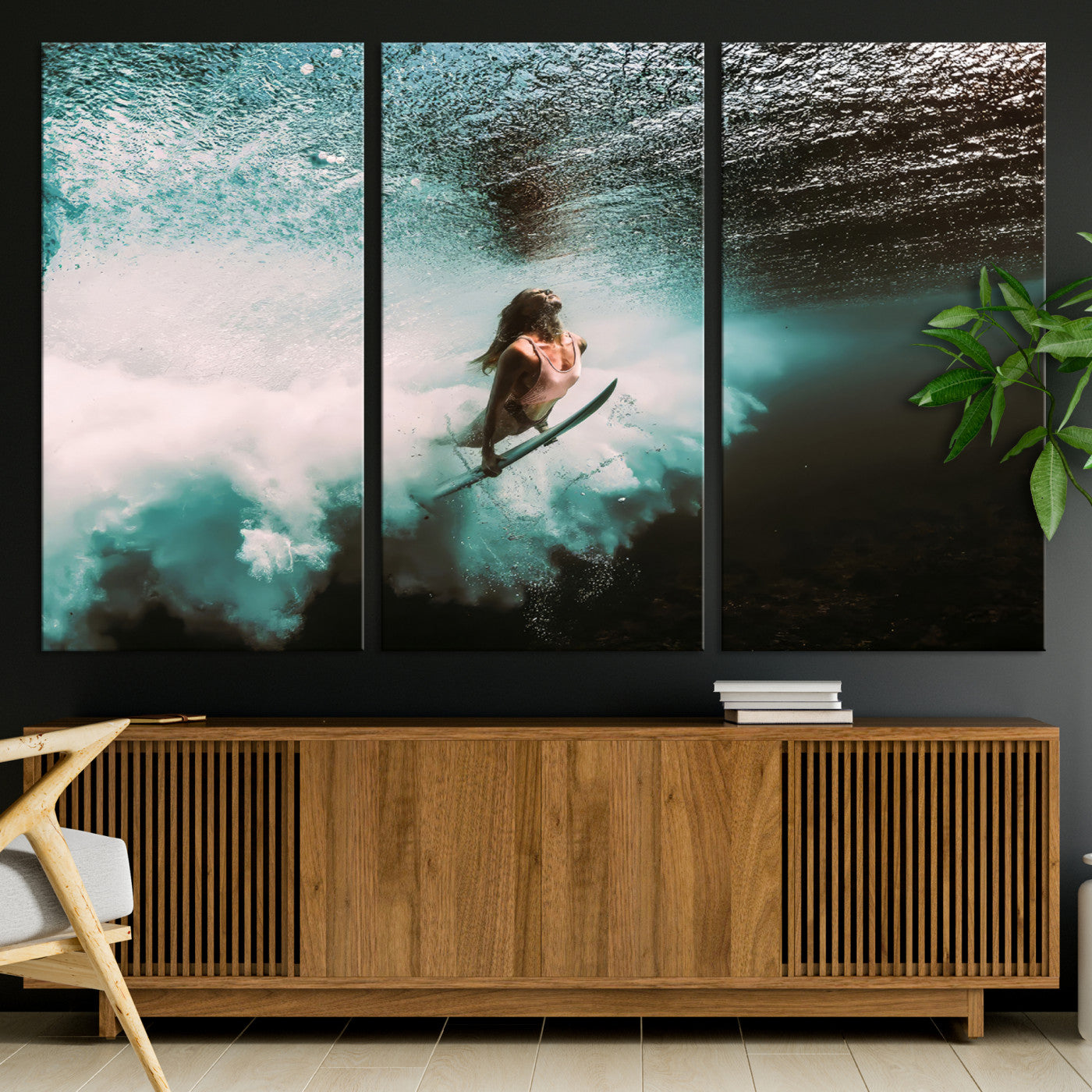 85923512-MGV-CV-36X24-Aquatic Motion Wall Art Canvas Print, Framed Underwater Swimming Art Picture Print, Female Surfer Diving Perfect Coastal Boho