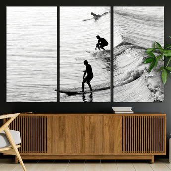 19875284-MGV-CV-36X24-Surfer Waves Wall Art Canvas Print, Framed Black White Surf Art Picture Print, Monochrome Ocean Perfect Modern Coastal Decor