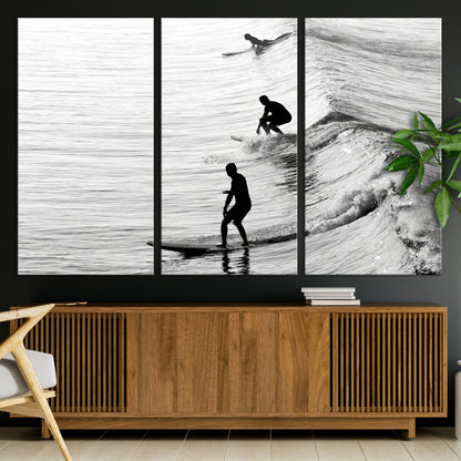 19875284-MGV-CV-36X24-Surfer Waves Wall Art Canvas Print, Framed Black White Surf Art Picture Print, Monochrome Ocean Perfect Modern Coastal Decor