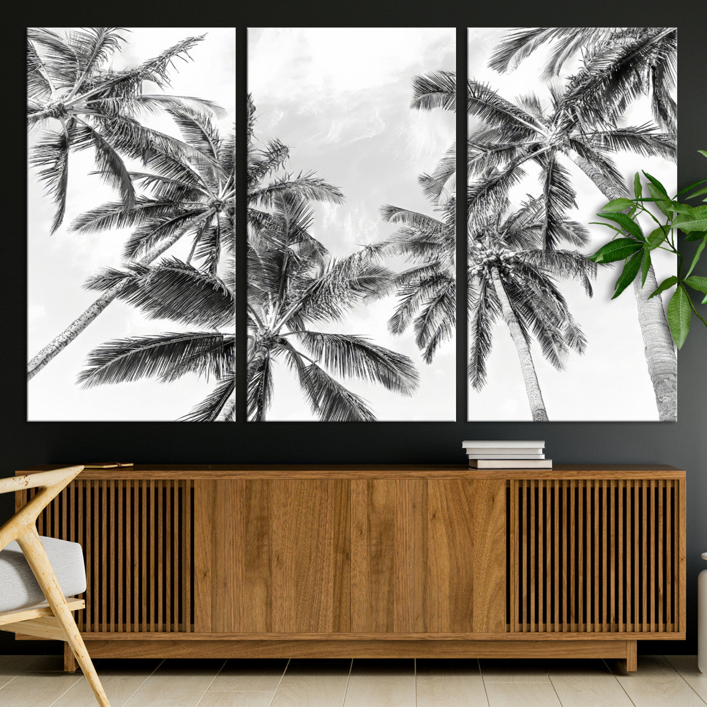 62113786-MGV-CV-36X24-Black White Palm Wall Art Canvas Print, Framed Monochrome Tropics Art Picture Print, Minimalist Beach Perfect Coastal Minimalist