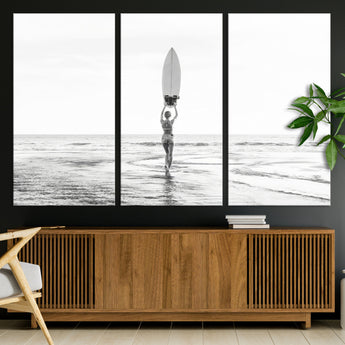 98446901-MGV-CV-36X24-Monochrome Surf Wall Art Canvas Print, Framed Minimalist Surfer Art Picture Print, Surfboard Silhouette Perfect Coastal Minimalist