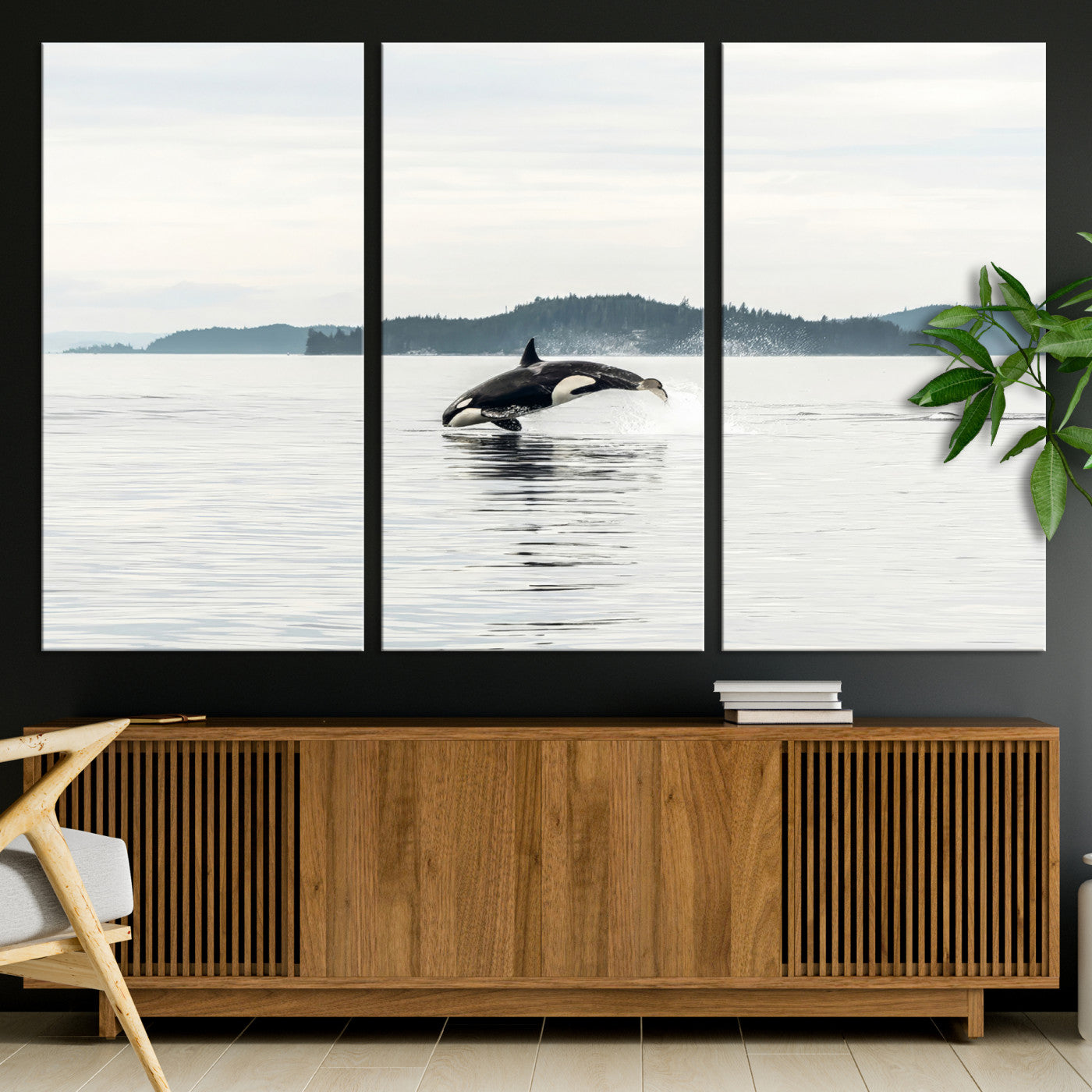 10157174-MGV-CV-36X24-Orca Whale Wall Art Canvas Print, Framed Black White Whale Art Picture Print, Minimalist Ocean Perfect Coastal Minimalist Decor