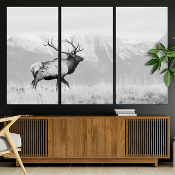 62278753-MGV-CV-36X24-Monochrome Elk Wall Art Canvas Print, Framed Mountain Wildlife Art Picture Print, Rustic Nature Perfect Rustic Minimalist Decor