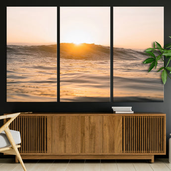 16973771-MGV-CV-36X24-Calm Water Wall Art Canvas Print, Framed Sunset Waves Art Picture Print, Coastal Warmth Perfect Warm Minimalist Decor Artwork
