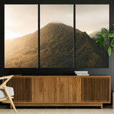 42338636-MGV-CV-36X24-Golden Mountain Wall Art Canvas Print, Framed Misty Summit Art Picture Print, Rugged Landscape Perfect Moody Wilderness Decor