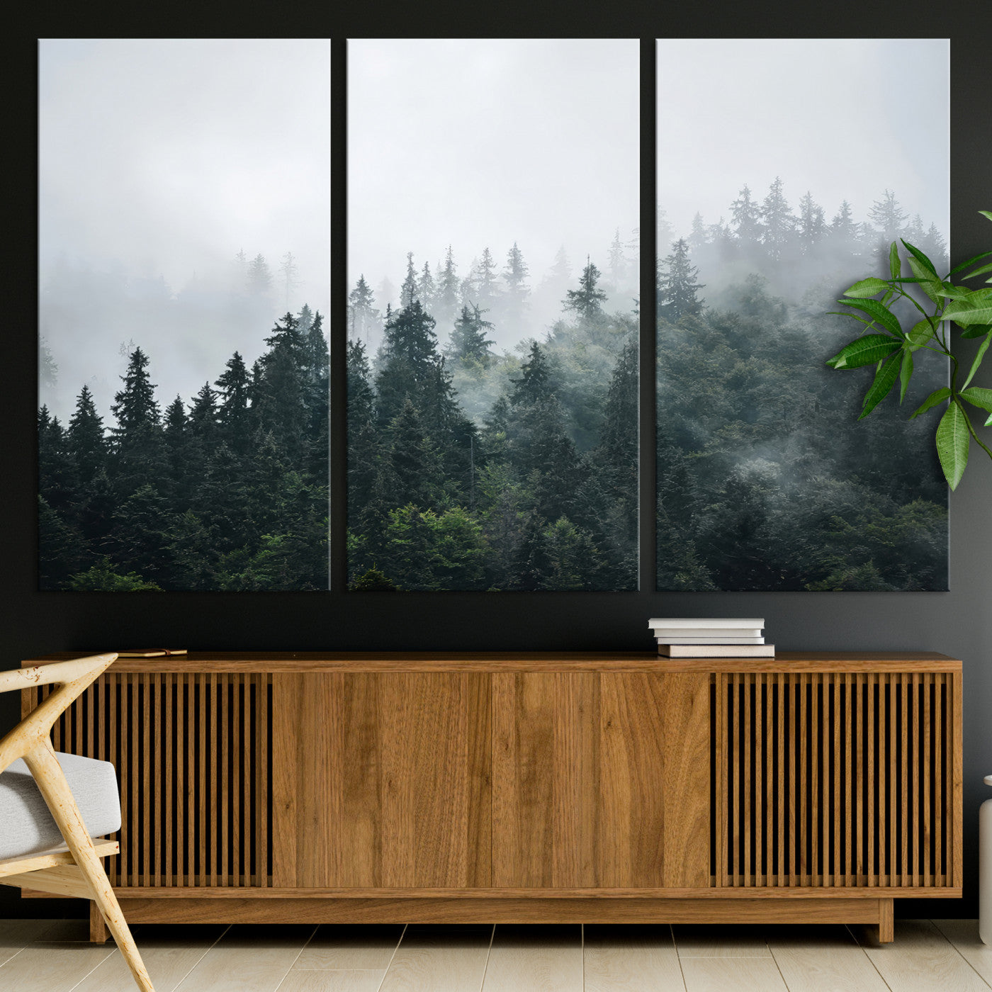 84146572-MGV-CV-36X24-Foggy Pine Trees Wall Art Canvas Print, Framed Forest Nature Art Picture Print, Evergreen Forest Perfect Scandinavian Minimalist