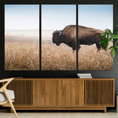 99620201-MGV-CV-36X24-Wild Bison Wall Art Canvas Print, Framed Bison in Prairie Art Picture Print, Rustic Western Perfect Rustic Western Decor Artwork
