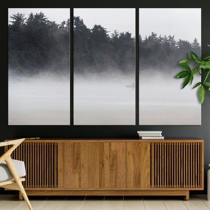 59703275-MGV-CV-36X24-Surfer in Fog Wall Art Canvas Print, Framed Foggy Beach Art Picture Print, Coastal Surf Perfect Moody Coastal Decor Artwork