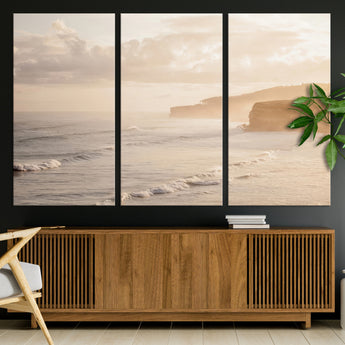 57669769-MGV-CV-36X24-Misty Coastal Wall Art Canvas Print, Framed Golden Sunset Art Picture Print, Serene Shoreline Perfect Tranquil Coastal Decor