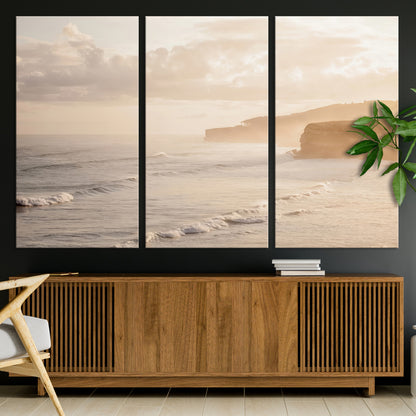 57669769-MGV-CV-36X24-Misty Coastal Wall Art Canvas Print, Framed Golden Sunset Art Picture Print, Serene Shoreline Perfect Tranquil Coastal Decor