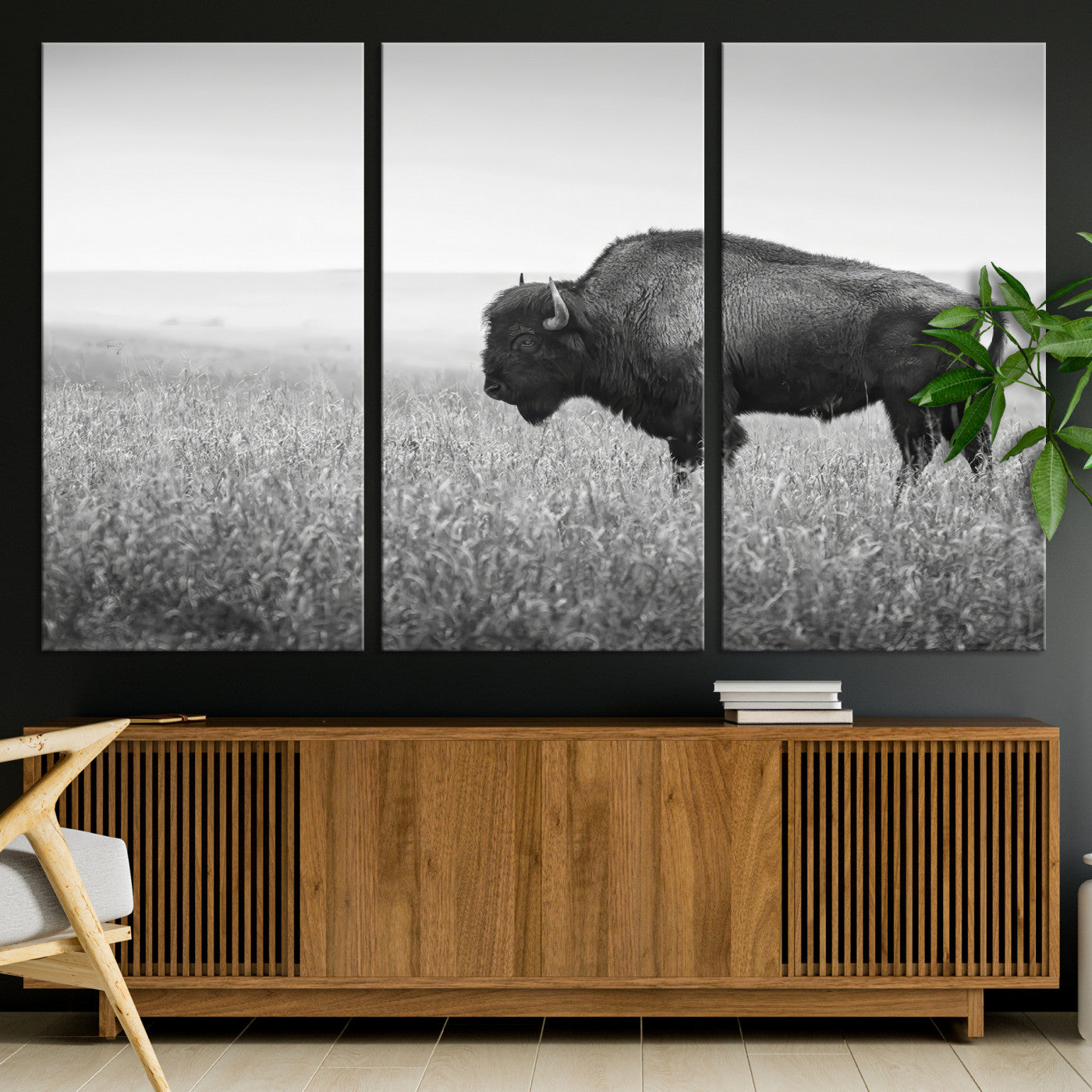 28435251-MGV-CV-36X24-Bison In Prairie Wall Art Canvas Print, Framed Rustic Wildlife Art Picture Print, Wild Buffalo Perfect Rustic Western Decor