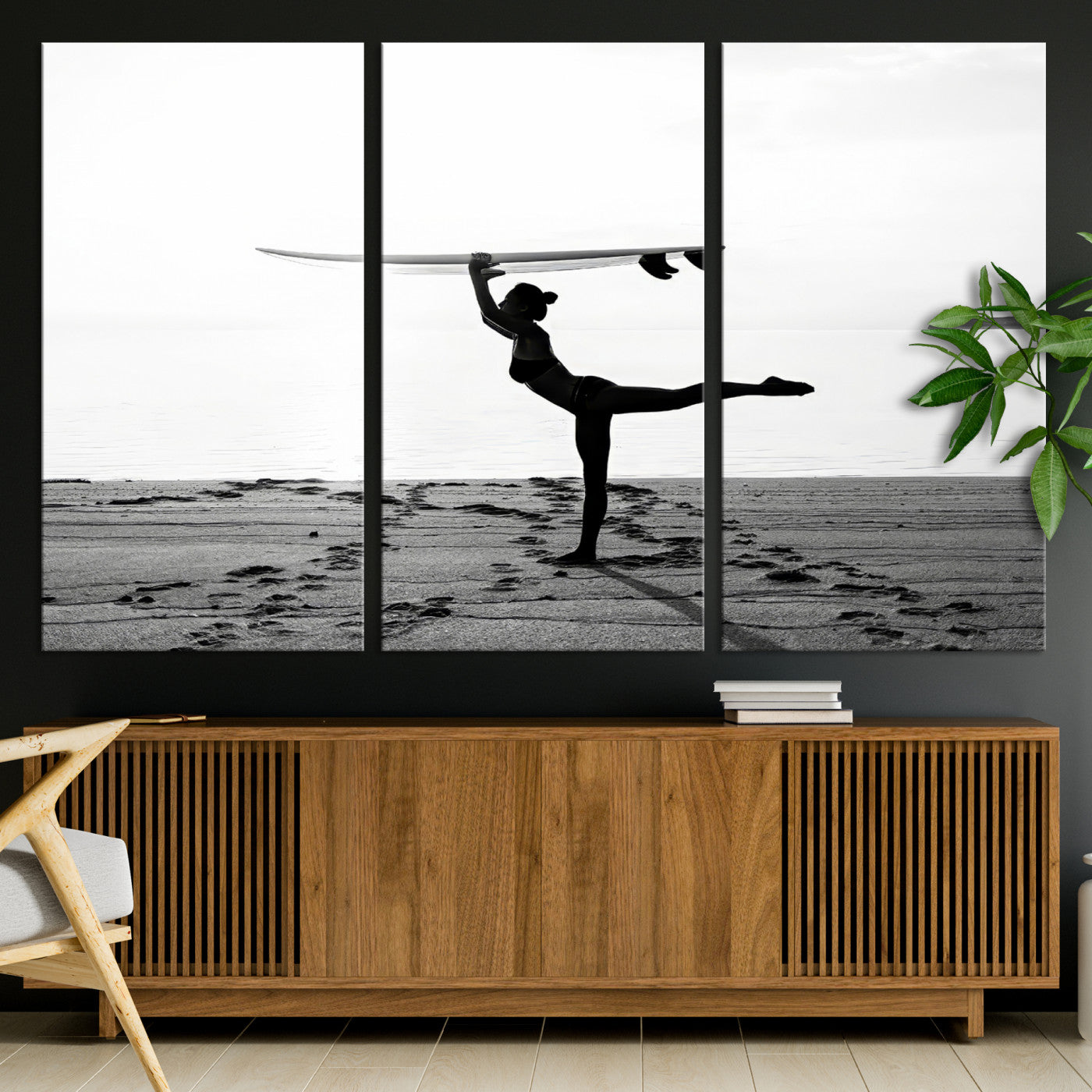 28441356-MGV-CV-36X24-Yoga Surf Wall Art Canvas Print, Framed Black White Shore Art Picture Print, Peaceful Ocean Perfect Minimalist Coastal Decor