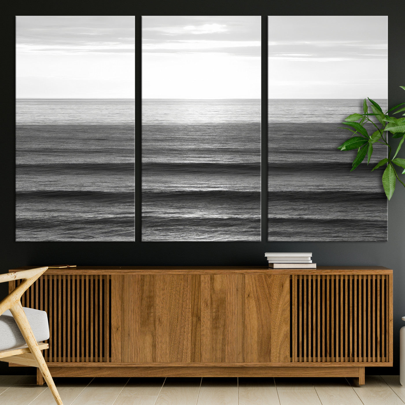 47305203-MGV-CV-36X24-Monochrome Ocean Wall Art Canvas Print, Framed Moody Ocean Art Picture Print, Calm Ocean Perfect Minimalist Coastal Decor Artwork