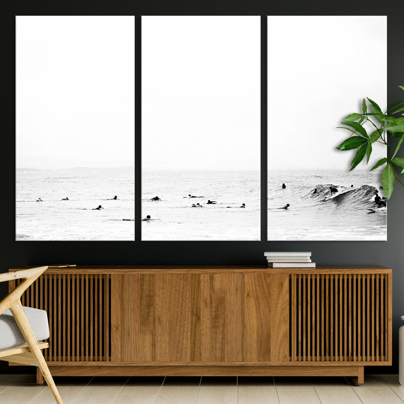 38441169-MGV-CV-36X24-Monochrome Swimming Wall Art Canvas Print, Framed Ocean Horizon Art Picture Print, Moody Coastal Perfect Minimalist Coastal Decor