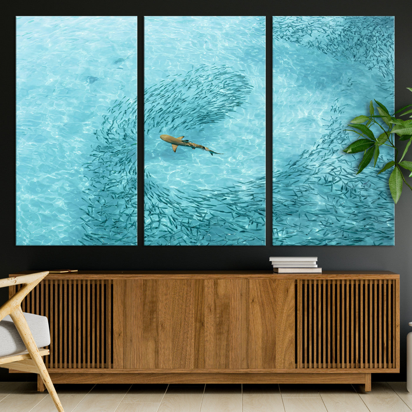 43671474-MGV-CV-36X24-Fish Swarm Wall Art Canvas Print, Framed Marine Life Art Picture Print, Shark Aerial Perfect Wildlife Coastal Decor Artwork