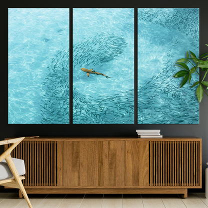 43671474-MGV-CV-36X24-Fish Swarm Wall Art Canvas Print, Framed Marine Life Art Picture Print, Shark Aerial Perfect Wildlife Coastal Decor Artwork