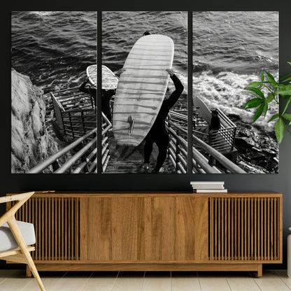 32353707-MGV-CV-36X24-Black White Surfing Wall Art Canvas Print, Framed Coastal Surfing Art Picture Print, Wave Riders Perfect Coastal Adventure Decor