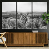 24051061-MGV-CV-36X24-Monochrome Highland Cow Wall Art Canvas Print, Framed Scottish Bull Art Picture Print, Lone Cattle Perfect Rustic Farmhouse Decor
