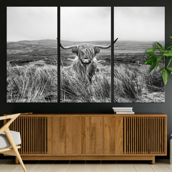 24051061-MGV-CV-36X24-Monochrome Highland Cow Wall Art Canvas Print, Framed Scottish Bull Art Picture Print, Lone Cattle Perfect Rustic Farmhouse Decor