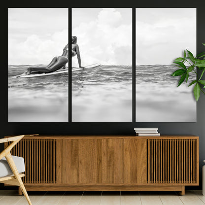 69798068-MGV-CV-36X24-Black White Surfing Wall Art Canvas Print, Framed Ocean Horizon Art Picture Print, Surfer Girl Perfect Coastal Adventure Decor