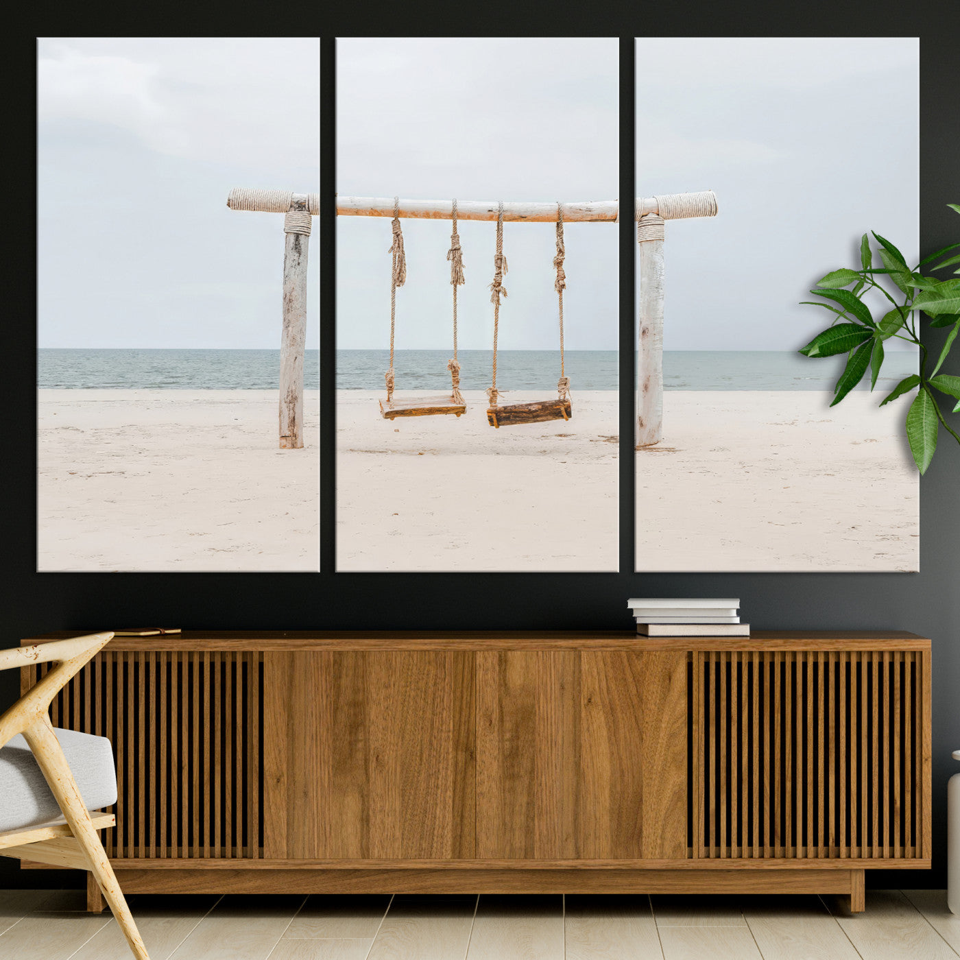 68327283-MGV-CV-36X24-Beach Swing Wall Art Canvas Print, Framed Quiet Beach Art Picture Print, Calm Shoreline Perfect Bohemian Coastal Decor Artwork