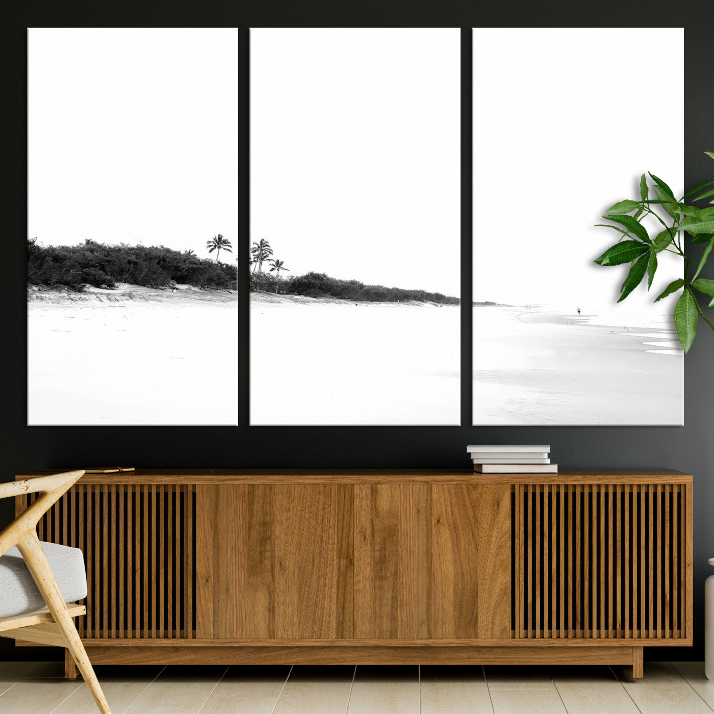 29611516-MGV-CV-36X24-Black White Beach Wall Art Canvas Print, Framed Palm Trees Art Picture Print, Monochrome Tropical Perfect Minimalist Coastal Decor