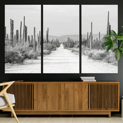 35537313-MGV-CV-36X24-Monochrome Desert Wall Art Canvas Print, Framed Cactus Path Art Picture Print, Southwestern Landscape Perfect Southwestern