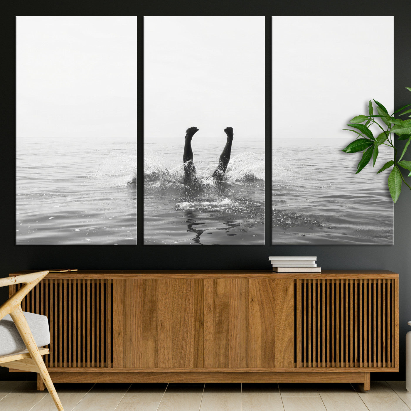 26667396-MGV-CV-36X24-Black White Ocean Wall Art Canvas Print, Framed Monochrome Water Art Picture Print, Diving into Water Perfect Minimalist Aquatic