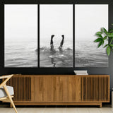 26667396-MGV-CV-36X24-Black White Ocean Wall Art Canvas Print, Framed Monochrome Water Art Picture Print, Diving into Water Perfect Minimalist Aquatic