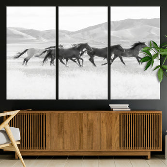 69934913-MGV-CV-36X24-Wild Horses Running Wall Art Canvas Print, Framed Black White Mustangs Art Picture Print, Rustic Western Perfect Rustic Western