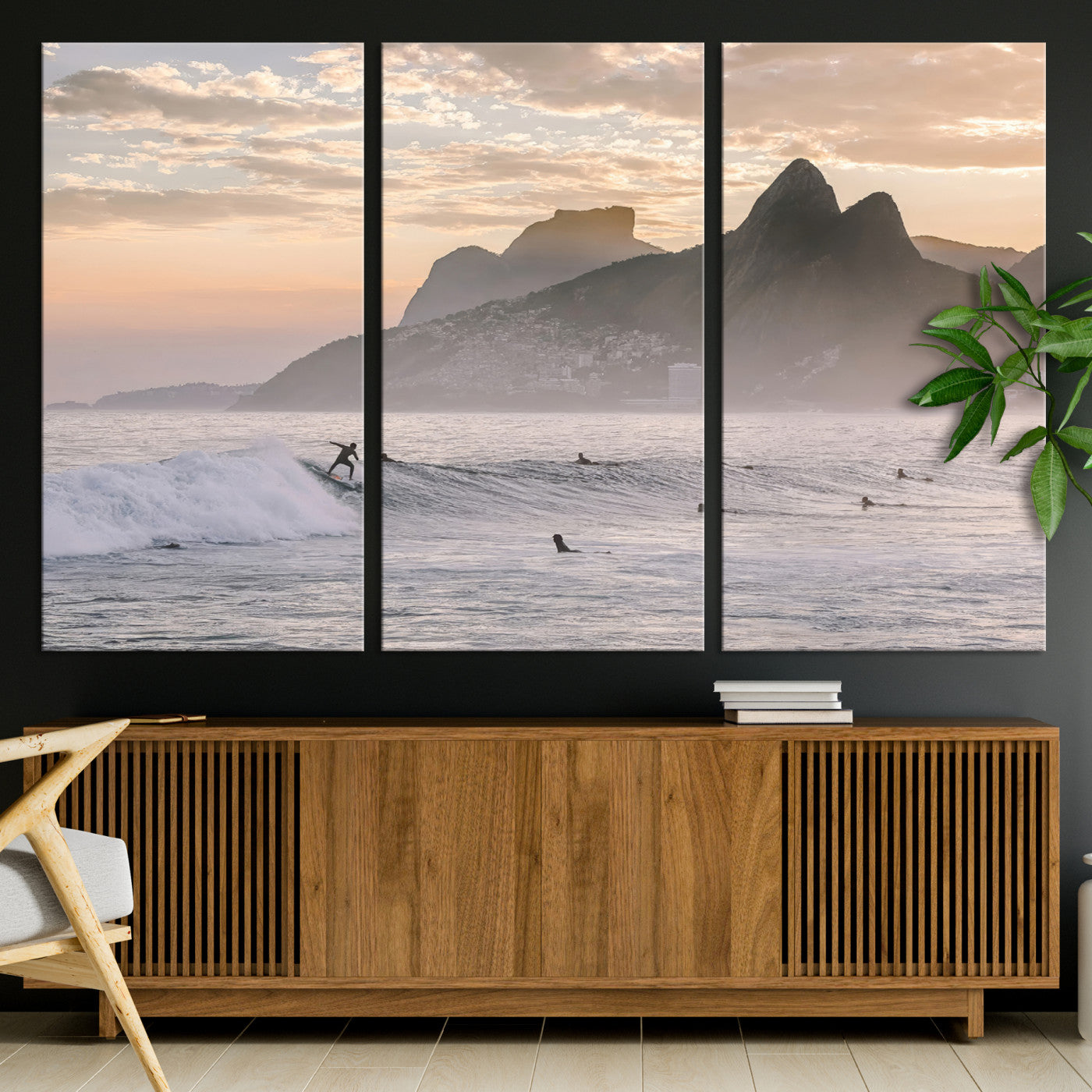 70644906-MGV-CV-36X24-Sunset Surfing Wall Art Canvas Print, Framed Misty Mountains Art Picture Print, Surfer Riding Wave Perfect Coastal Adventure Decor