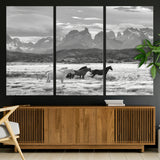 21655040-MGV-CV-36X24-Wild Horses Wall Art Canvas Print, Framed Black White Mountains Art Picture Print, Rustic Countryside Perfect Rustic Western Decor