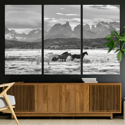 21655040-MGV-CV-36X24-Wild Horses Wall Art Canvas Print, Framed Black White Mountains Art Picture Print, Rustic Countryside Perfect Rustic Western Decor