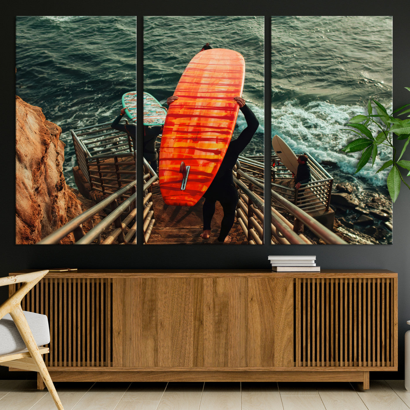 84555848-MGV-CV-36X24-Surfer Stairway Wall Art Canvas Print, Framed Ocean Surf Art Picture Print, Sunset Coastal Perfect Coastal Adventure Decor Artwork