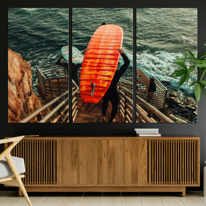84555848-MGV-CV-36X24-Surfer Stairway Wall Art Canvas Print, Framed Ocean Surf Art Picture Print, Sunset Coastal Perfect Coastal Adventure Decor Artwork