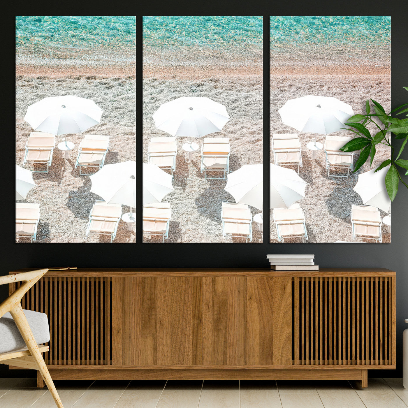 83736167-MGV-CV-36X24-Calm Beach Wall Art Canvas Print, Framed Turquoise Water Art Picture Print, Umbrella Shoreline Perfect Coastal Minimalist Decor