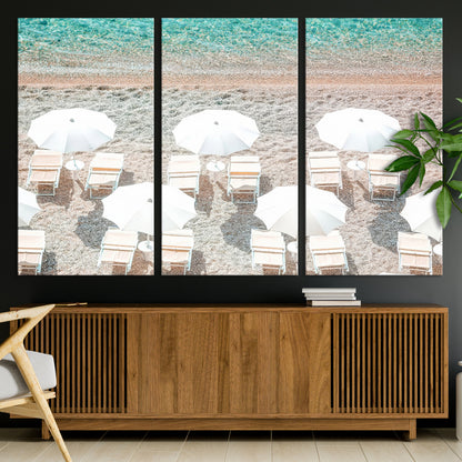 83736167-MGV-CV-36X24-Calm Beach Wall Art Canvas Print, Framed Turquoise Water Art Picture Print, Umbrella Shoreline Perfect Coastal Minimalist Decor