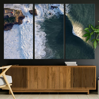 37405684-MGV-CV-36X24-Nazare Coast Wall Art Canvas Print, Framed Aerial Ocean Art Picture Print, Coastal Fortress Perfect Dramatic Coastal Decor Artwork