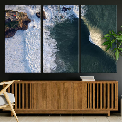 37405684-MGV-CV-36X24-Nazare Coast Wall Art Canvas Print, Framed Aerial Ocean Art Picture Print, Coastal Fortress Perfect Dramatic Coastal Decor Artwork