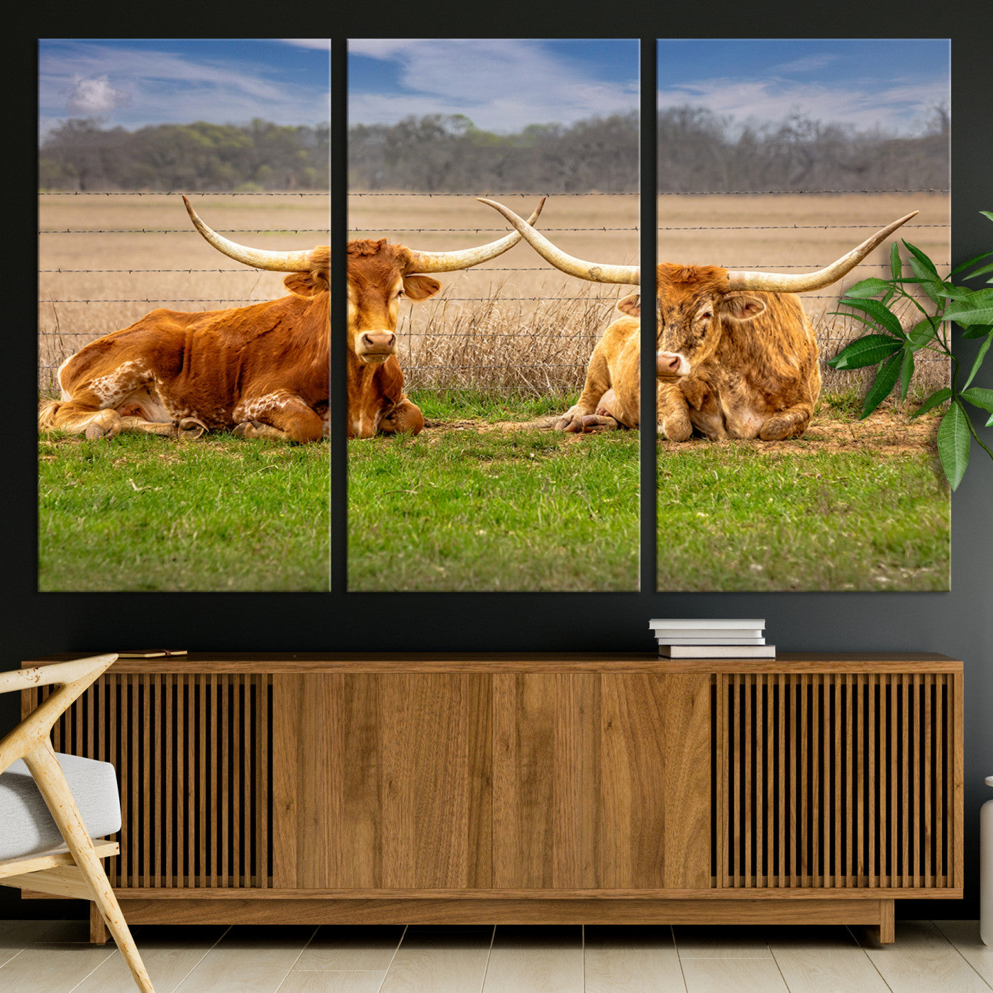 97244565-MGV-CV-36X24-Longhorn Duo Wall Art Canvas Print, Framed Cozy Ranch Vibes Art Picture Print, Western Ranch Decor Perfect Rustic Farmhouse Decor