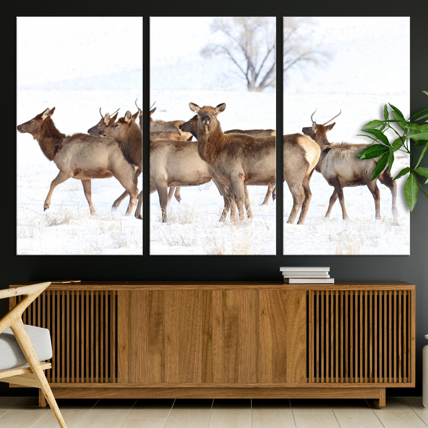 68738684-MGV-CV-36X24-Winter Elk Scene Wall Art Canvas Print, Framed Wildlife Photography Art Picture Print, Snowy Deer Decor Perfect Rustic Lodge Decor