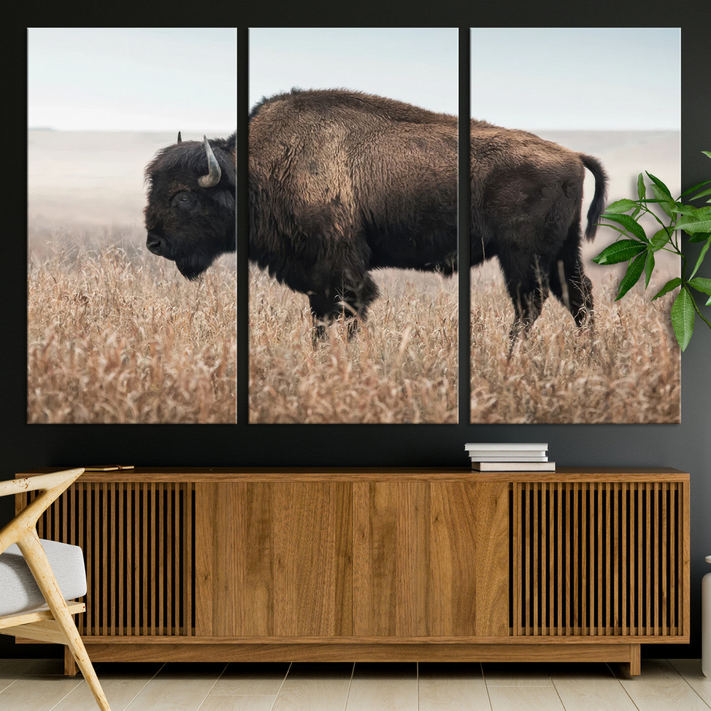 34451925-MGV-CV-36X24-Rustic Bison Decor Wall Art Canvas Print, Framed Buffalo Home Accent Art Picture Print, Prairie Wildlife Scene Perfect Western