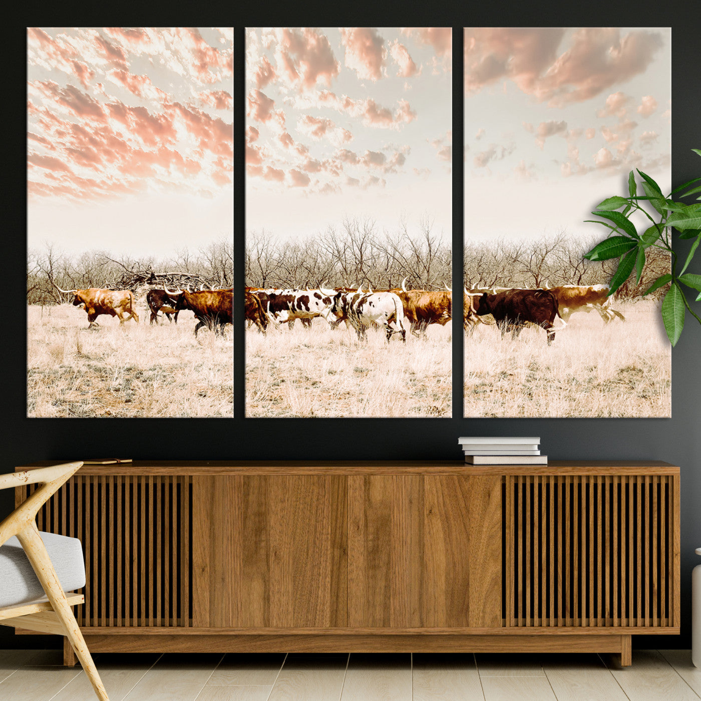 43704663-MGV-CV-36X24-Country Cow Herd Wall Art Canvas Print, Framed Farmhouse Cattle Scene Art Picture Print, Rustic Ranch Decor Perfect Rustic