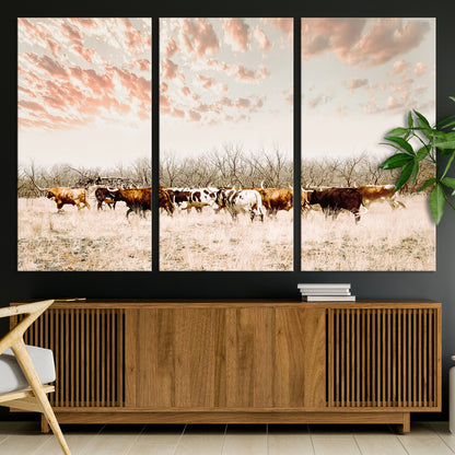 43704663-MGV-CV-36X24-Country Cow Herd Wall Art Canvas Print, Framed Farmhouse Cattle Scene Art Picture Print, Rustic Ranch Decor Perfect Rustic