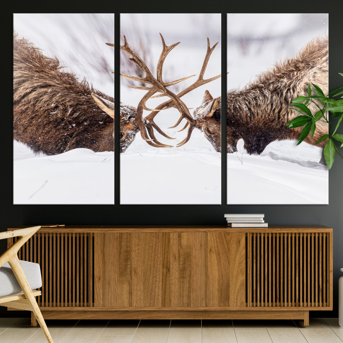 36507609-MGV-CV-36X24-Elk Clash Scene Wall Art Canvas Print, Framed Wildlife Strength Decor Art Picture Print, Snowy Forest Elk Perfect Rustic Lodge