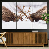 36507609-MGV-CV-36X24-Elk Clash Scene Wall Art Canvas Print, Framed Wildlife Strength Decor Art Picture Print, Snowy Forest Elk Perfect Rustic Lodge