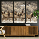 90269422-MGV-CV-36X24-Elk Herd Scene Wall Art Canvas Print, Framed Rustic Wildlife Decor Art Picture Print, Western Cabin Style Perfect Rustic Lodge