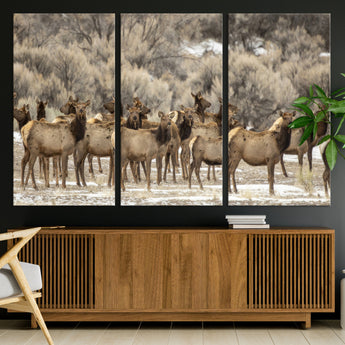 90269422-MGV-CV-36X24-Elk Herd Scene Wall Art Canvas Print, Framed Rustic Wildlife Decor Art Picture Print, Western Cabin Style Perfect Rustic Lodge