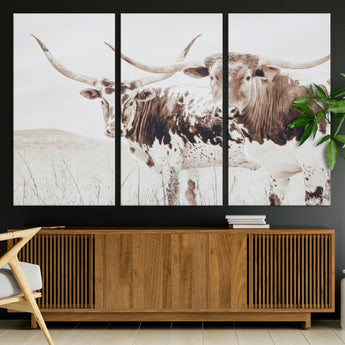 48161868-MGV-CV-36X24-Longhorn Cow Decor Wall Art Canvas Print, Framed Rustic Cattle Art Picture Print, Sepia Western Vibe Perfect Neutral Rustic